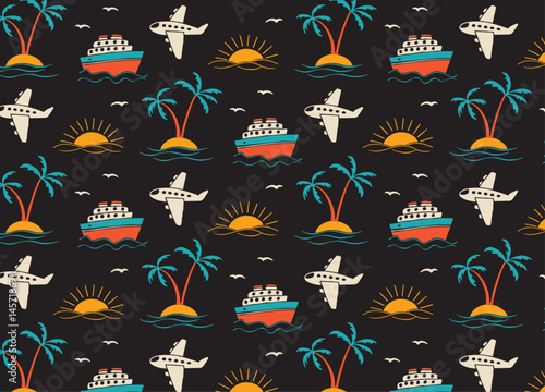 Adventure Awaits. Seamless pattern with palm, ship, airplane, sun for summer vacation travel. Hand drawn vector doodles