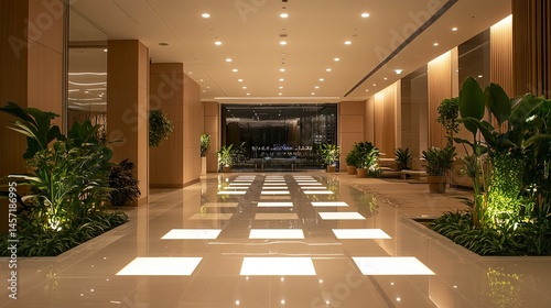 Modern office design with high ceilings, featuring square LED downlights embedded in white tiles for a polished and evenly lit workspace. 