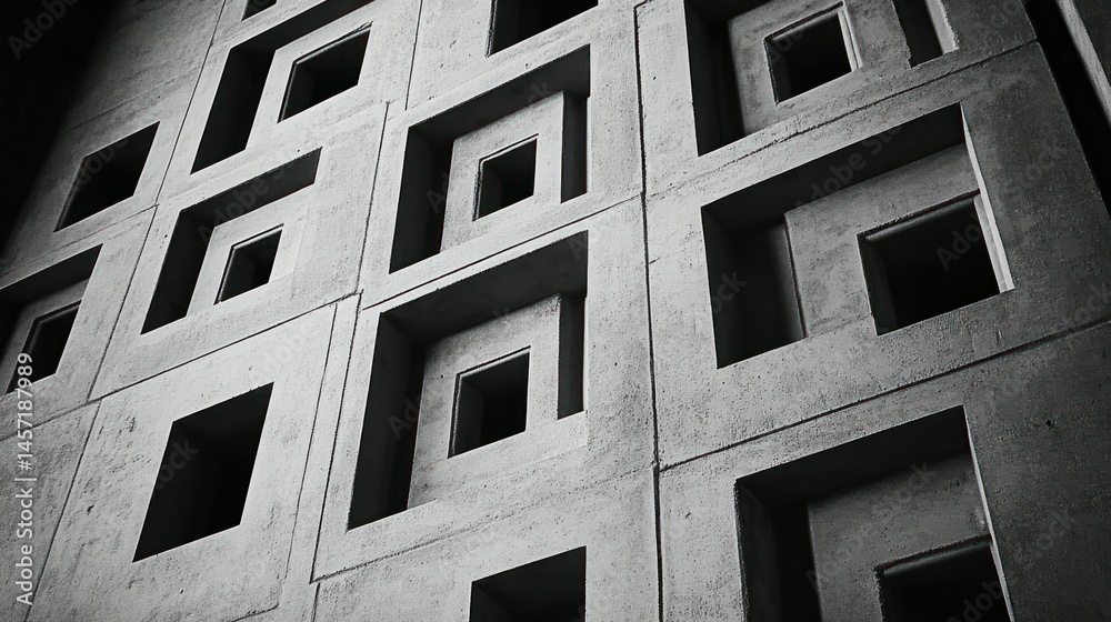A geometric architectural wall displays repeating square shaped voids in concrete A geometric architectural wall displays repeating square shaped voids in concrete