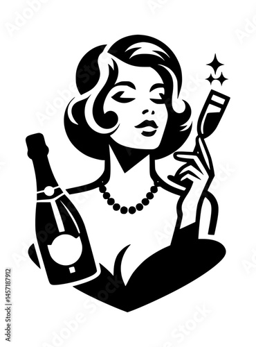 Retro Woman with Champagne Vector Icon Logo