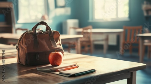 Red apple on stacked books with colorful schoolbag on wooden desk in classroom setting, back to school education concept for students and teachers, learning environment with academic supplies.
 photo
