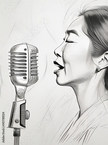 Elegant singer performing with vintage microphone