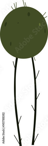 Whimsical cartoon fungus with an olive-green cap dotted with spots, sprouting from two slender stems against a stark black background.