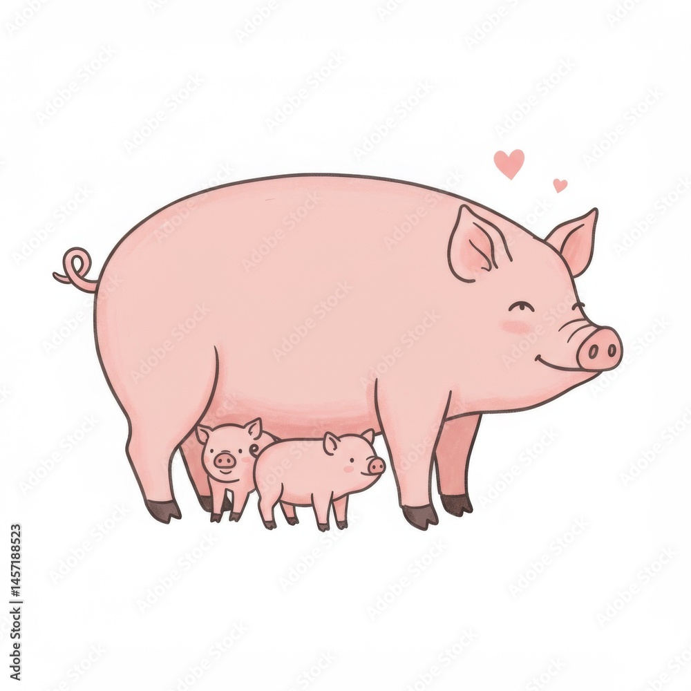 Pink Pig and Piglets Illustration Pink Pig and Piglets Illustration