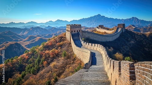 Great wall of china winding through mountainous landscape under clear blue sky
