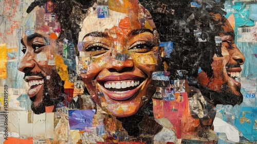 Vibrant collage artwork of diverse african faces expressing joy