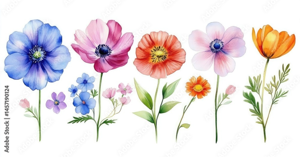 Obraz premium Watercolor Blossom Assortment Blue, Pink, Red, and Orange Flowers on White Backdrop