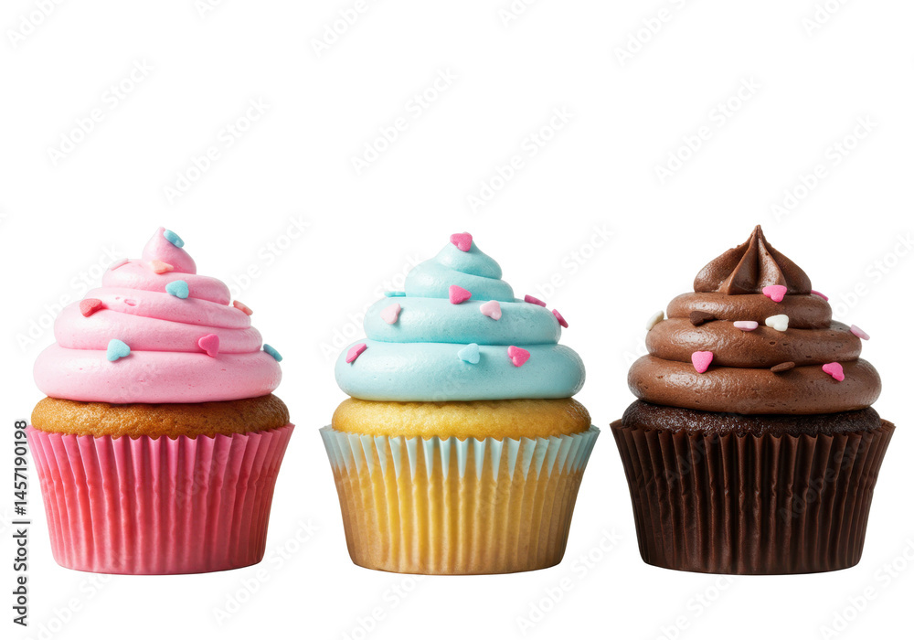 Three cupcakes with different colored frosting and heart sprinkles Three cupcakes with different colored frosting and heart sprinkles