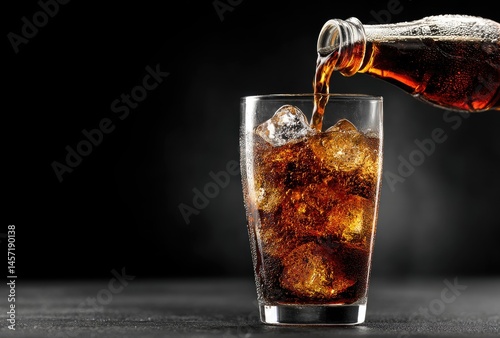 Wallpaper Mural Cola being poured into a glass filled with ice against a dark background, showing refreshing bubbles and condensation. Ideal for beverage ads and refreshment branding Torontodigital.ca