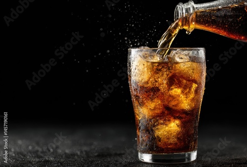 Wallpaper Mural Cola pouring into a chilled glass with ice cubes and fizzing bubbles, splashing slightly in a dramatic dark setting. Great for ads, packaging, and refreshment visuals Torontodigital.ca
