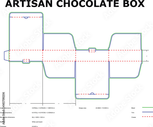 Detailed diecut design for an artisan chocolate box packaging with dimensions and specifications ready for production