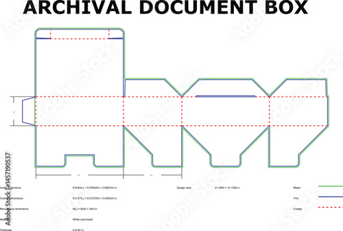 Detailed blueprint of an archival document box template featuring bleed trim crease and dimensions for precise design