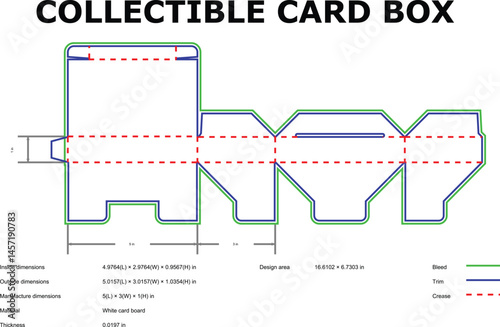 Detailed illustration of a collectible card box template showing dimensions and markings for diecut assembly and construction