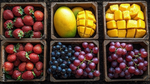 Colorful fruits and vegetables display in wooden boxes