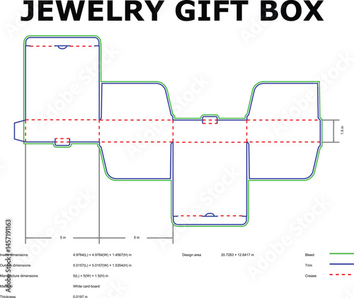 Detailed blueprint design for a jewelry gift box including measurements bleed lines and crease marks perfect for product packaging.