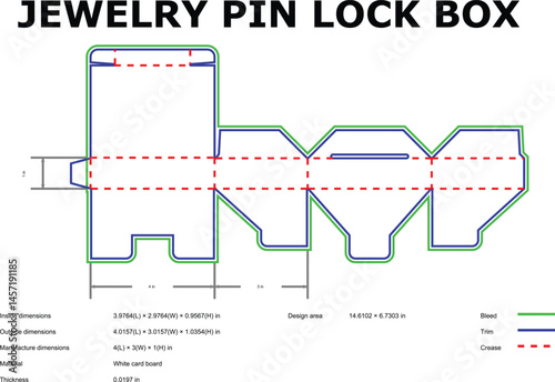 Detailed diecut template design for a jewelry pin lock box showing dimensions and labeled areas for manufacturing and assembly
