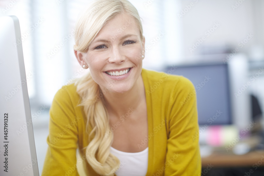 Computer, portrait and smile with web developer woman at desk in office for design or research. Creative, desktop and software with happy programmer in company workplace for professional coding Computer, portrait and smile with web developer woman at desk in office for design or research. Creative, desktop and software with happy programmer in company workplace for professional coding