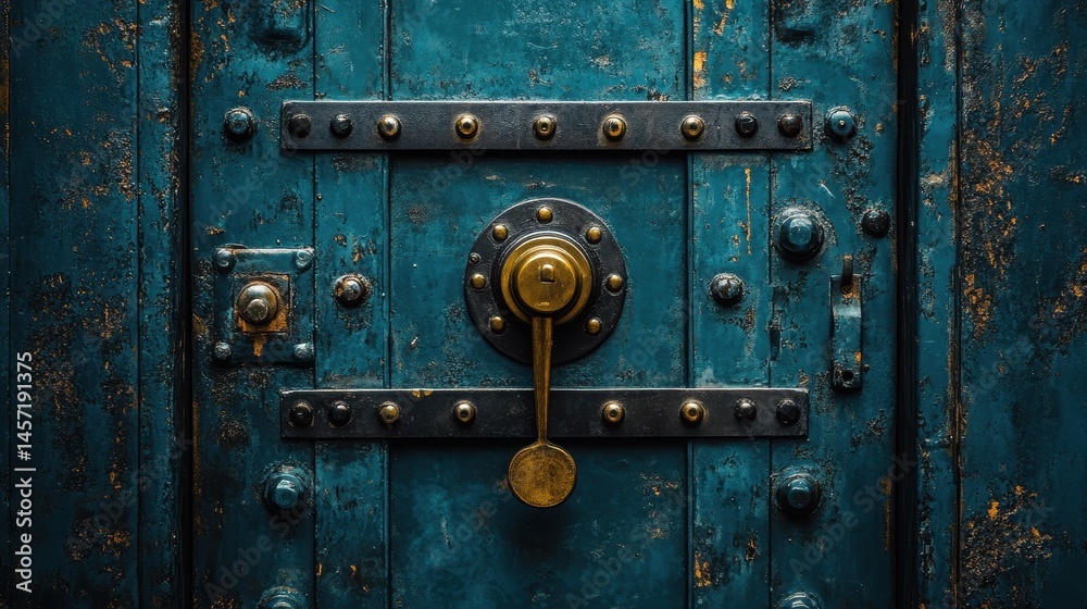 Fototapeta premium Rustic blue vault door with brass lock and rivets