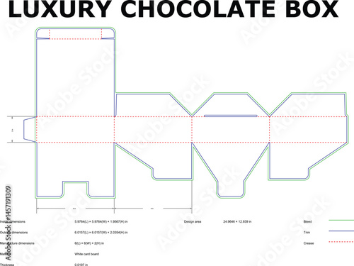 Detailed blueprint illustration for a luxury chocolate box showing dimensions and design specifications for packaging and manufacturing purposes.
