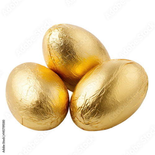 Three golden foil wrapped chocolate eggs for holiday celebration treat on transparent background
