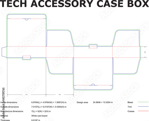 Detailed technical drawing showcasing a diecut template for a tech accessory case box design with measurements dimensions and specifications provided.