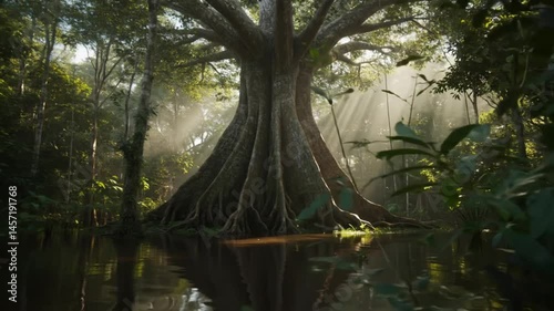 Giant sumauma tree in the Amazon rainforest with light rays