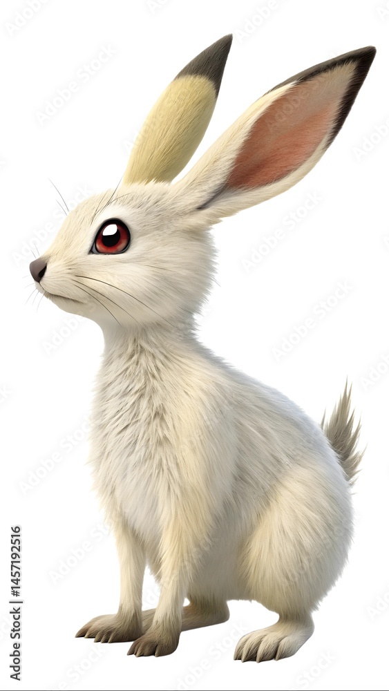 Obraz premium A fluffy white rabbit sits upright with alert ears, gazing curiously. Captured in soft lighting. By Olha 
