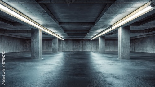 Modern underground parking garage with concrete pillars and lighting