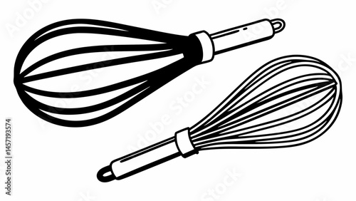 Two black and white wire whisks with handles lying on a white surface in a simple illustration created with generated ai