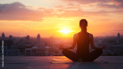 Woman meditating on rooftop at sunset in lotus position with cityscape in the distance and orange sky
