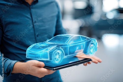 Auto engineer next to a holographic model of a car. Innovative technologies in the development of car design. The engineer explores futuristic concepts through holographic displays.