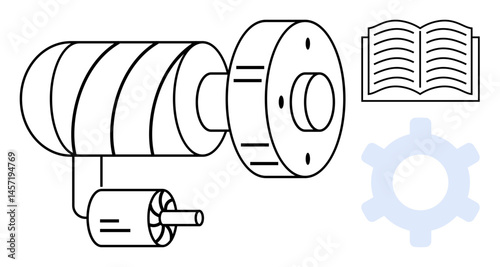 Cross-sectional motor design with a cylindrical coiled rotor, open book, and gear wheel. Ideal for engineering, technical education, mechanics, automation, innovation, research flat simple metaphor