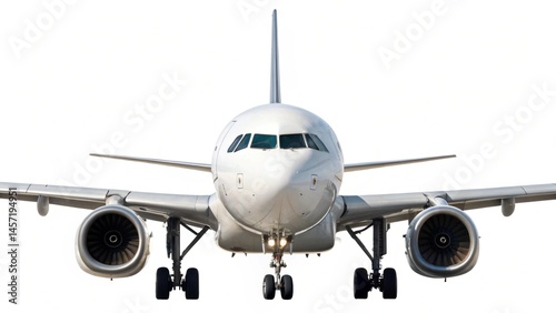 A front view of a white airplane with its landing gear down against a white background in daylight created with generated ai