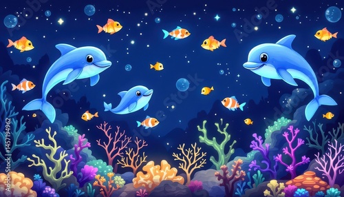 Happy Dolphins Swimming Among Colorful Fish in Nighttime Coral Reef – Cute Underwater Cartoon Scene