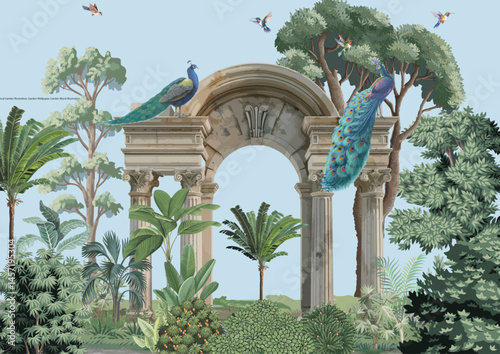 Traditional Mughal Garden Mural Illustration, Mughal Arch, Peacock.

