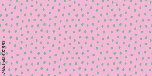 Polka dot horizontal seamless pattern in pink and sage green. Hand drawn vect...
