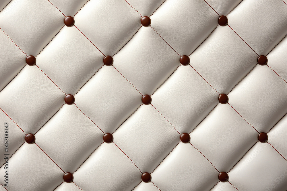 Textured background of quilted leather surface in beige color with brown buttons and diagonal seams