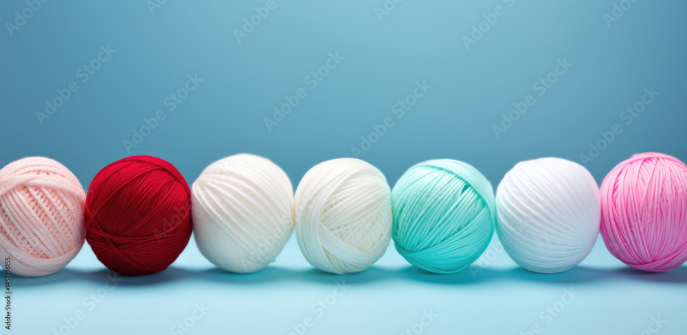 Colorful yarn balls arranged in a row on a blue background with copy space
