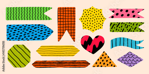 Note shape and abstract sticker collection with playful patterns. Torn paper element for memo, bookmark, diary, or notebook design. Fun vector set perfect for creative projects and packaging