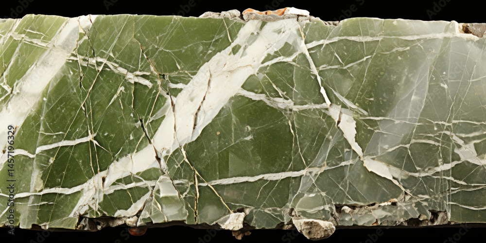Polished slab of green marble with white veins and natural cracks