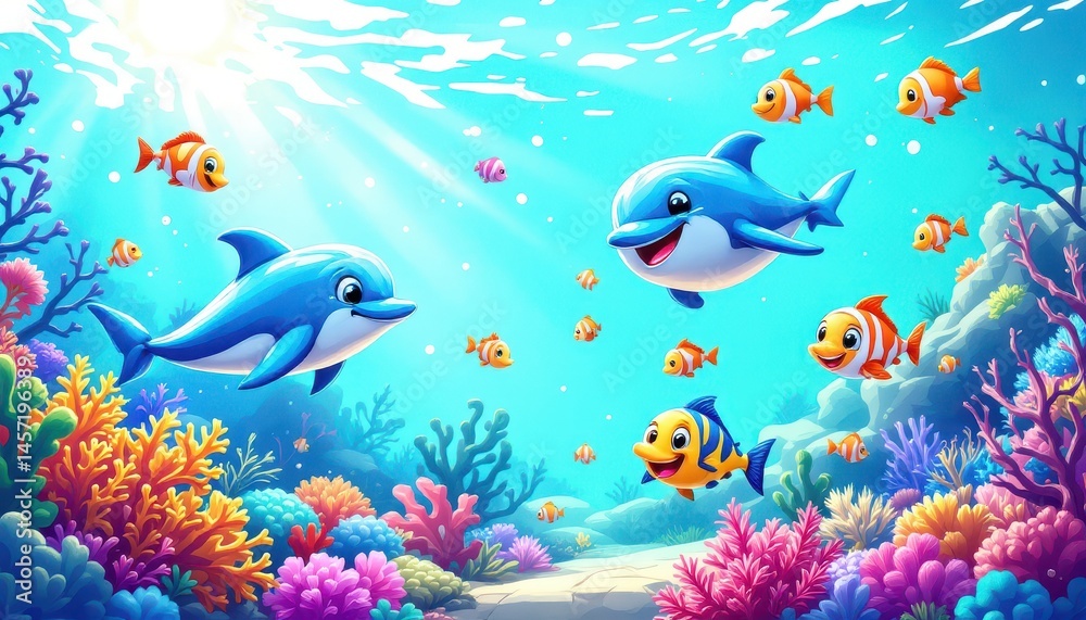 Fototapeta premium Cute Dolphins Playing with Fish in Colorful Underwater Coral World – Cartoon Ocean Scene