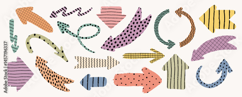 Hand drawn arrow collection with colorful abstract textures and playful brush...