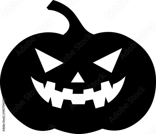 A festive black pumpkin carving. The illustration has an eerie smile and triangular eyes that create a Halloween icon silhouette.