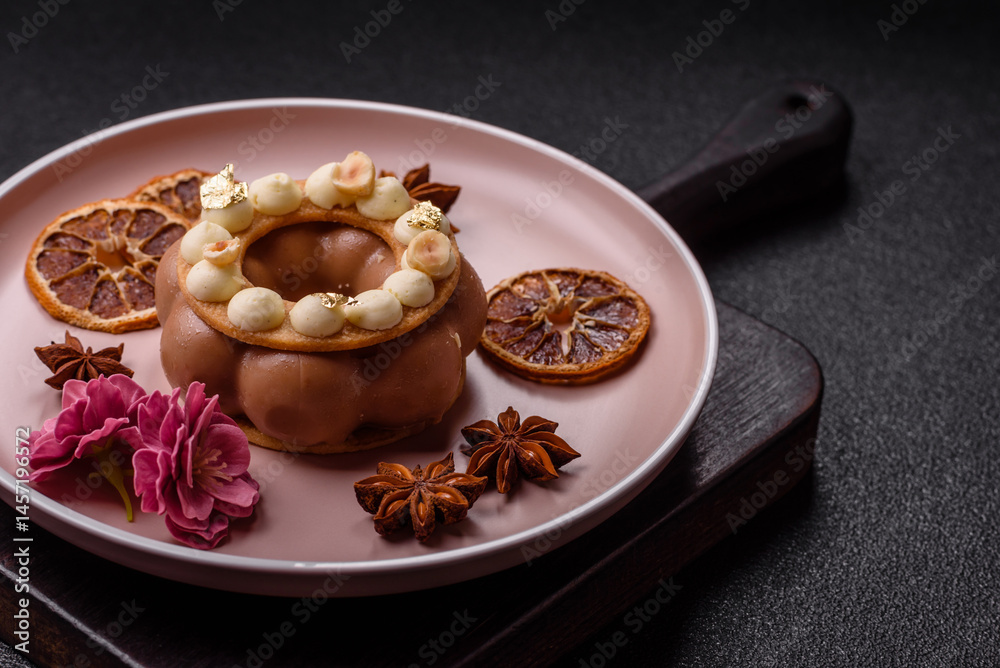 Fototapeta premium Round chocolate tart or pie with cream berry filling