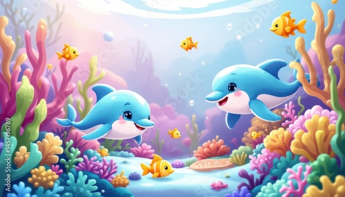 Cute Dolphins Playing with Fish in Colorful Underwater Coral World – Cartoon Ocean Scene