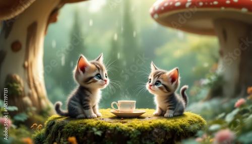Adorable Kittens Sharing Tea on Mossy Table in Enchanted Forest – Whimsical Cartoon Scene