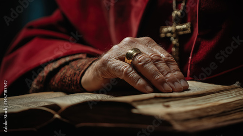 Elderly clergyman reading holy book in warm light close-up