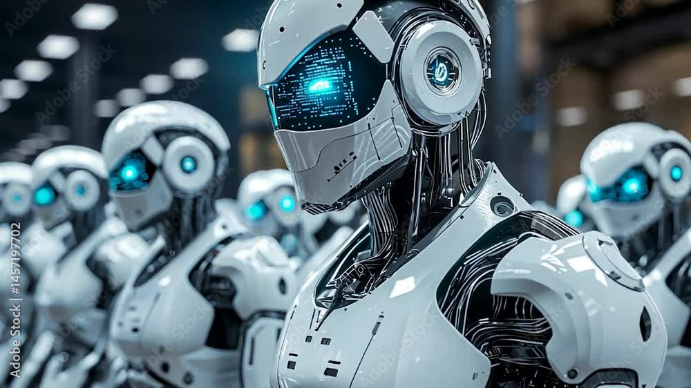 Futuristic robots lined up in a high-tech factory, showcasing advanced technology and design