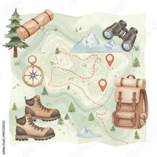 Watercolor Hiking Map Illustration with Gear