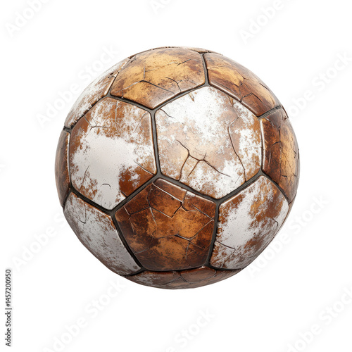 Worn and Vintage Soccer Ball with Cracked Surface Isolated on Transparent Background